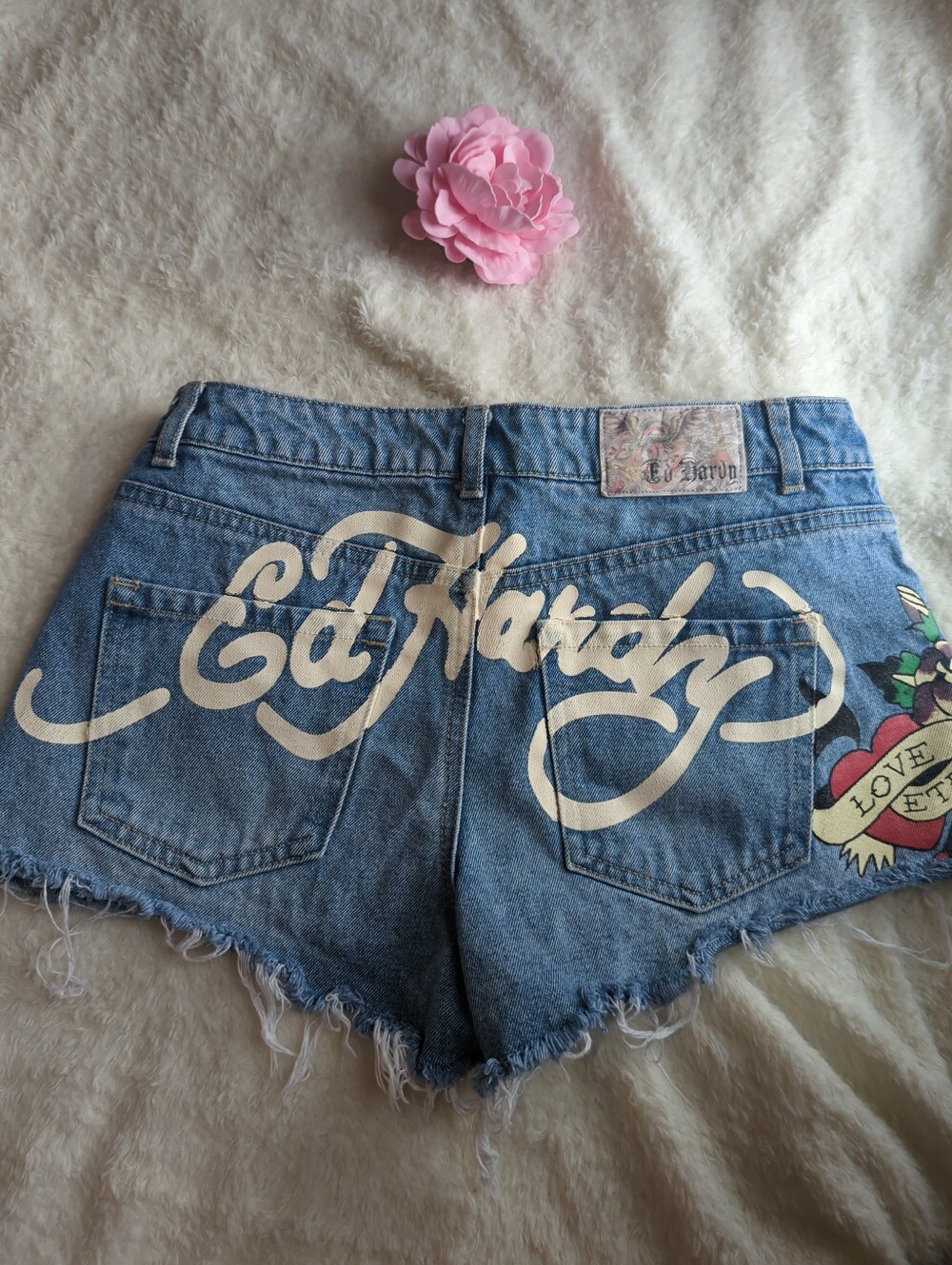 Ed Hardy Blue Denim Cutoff Shorts with Script and Tattoo Graphic Size M Y2K